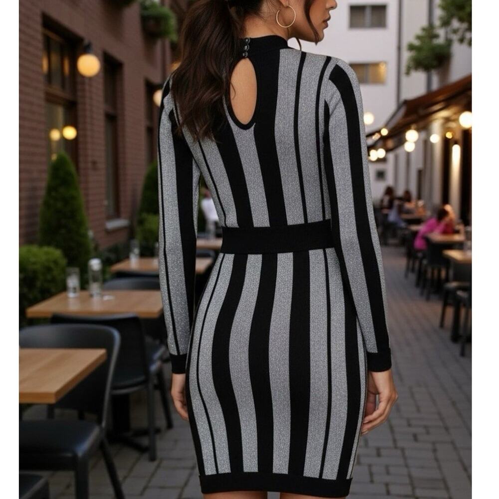 Black Silver Striped Bodycon Mini Dress Lace Up Sides Long Sleeve - Picture 5 of 16